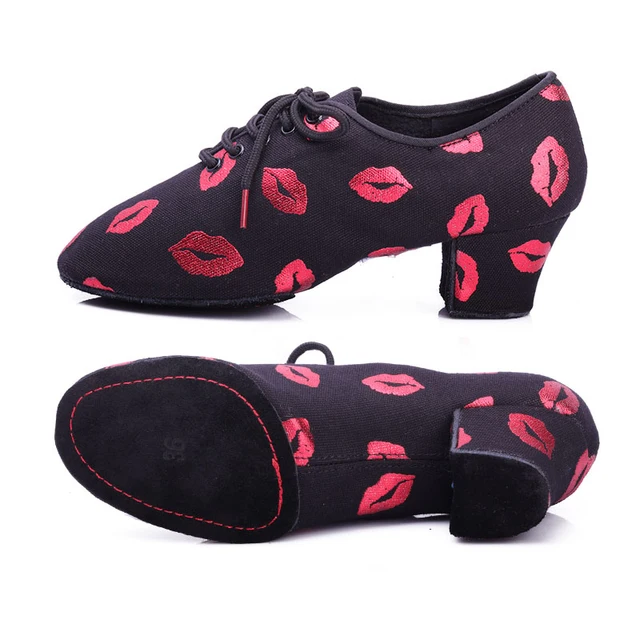 bd dance shoes T1-B Female Betty Latin dance shoes two point soft bottom Oxford cloth modern dance practice shoes T1 T1-B Red lips