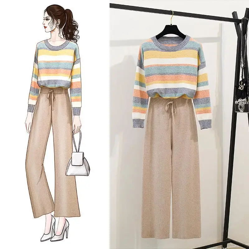 Женский трикотажный комплект из 2 предметов свитер в полоску радужного цвета +