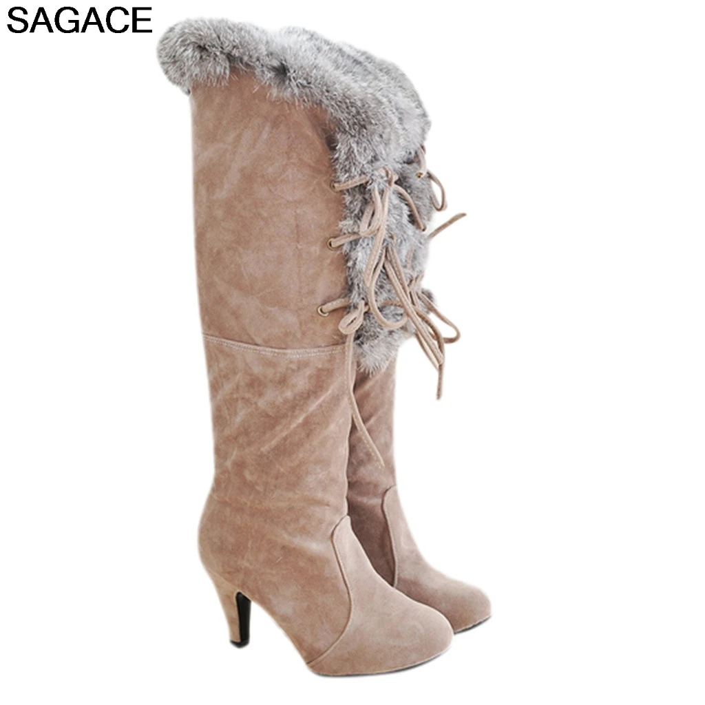 SAGACE Boots Leisure Women Pointed Toe Suede Lace-Up Boots High Heel Keep Warm Bota Ladies Rubber Shoes Booties zapatos de mujer