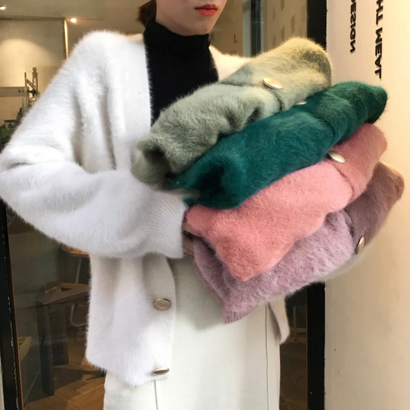 

Mink Hair Cardigan Solid Sweater Women Tops Casual Warm Tops Loose Lazy Soft Metal Button Female V-neck Fashion Cardigan Sweater