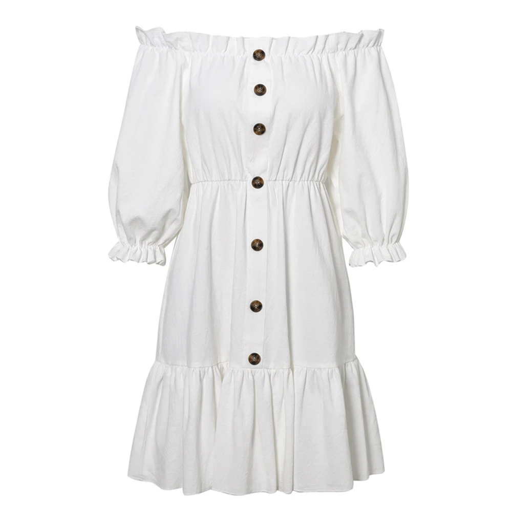 

Women 2020 Autumn Sexy Slash Neck Ruffles Solid Color Loose Ladies Summer Casual Office Mini Dress
