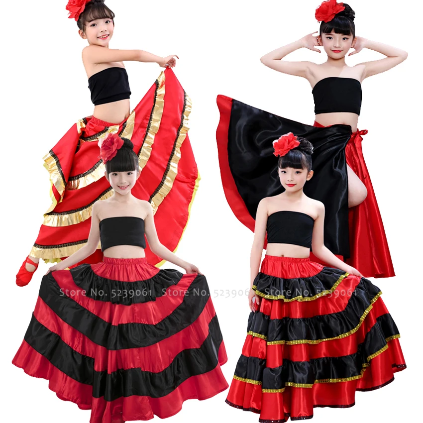 

Kids Girls Belly Dance Spanish Traditional Flamenco Skirt Gypsy Style Princess Stage Party Cosplay Costume Plus Size Swing Dress
