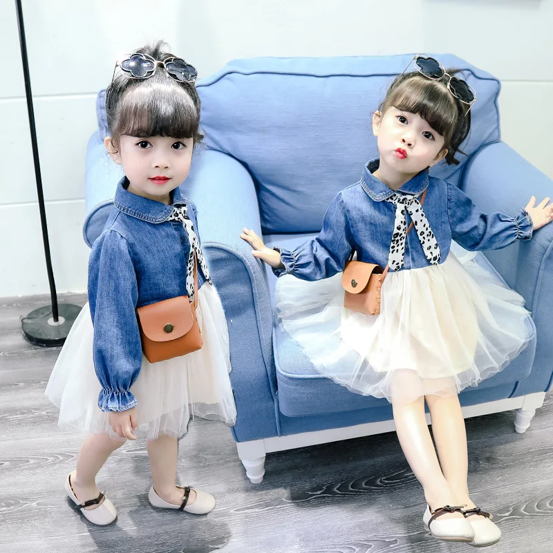 

2019 Spring Medium-small Girls Solid Color Denim Skirt Baby Spring Clothing Long-sleeved Dress Children Mesh Dress