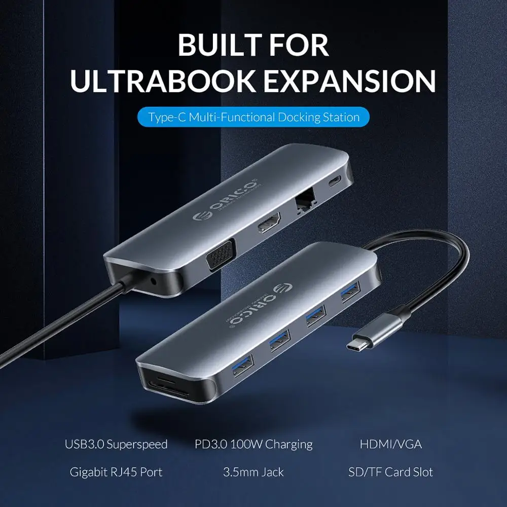  ORICO USB C a USB3.0 HDMI VGA 100W PD RJ45 lector de tarjeta de adaptador de Audio Dock para MacBoo