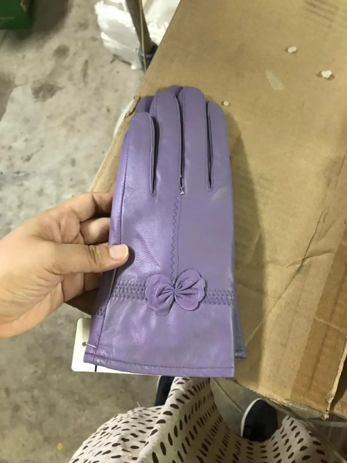 light purple Кожаные перчатки из овчины, качественные женские перчатки из натуральной кожи с бантом, утепленные тонкие - Цвет: light purple