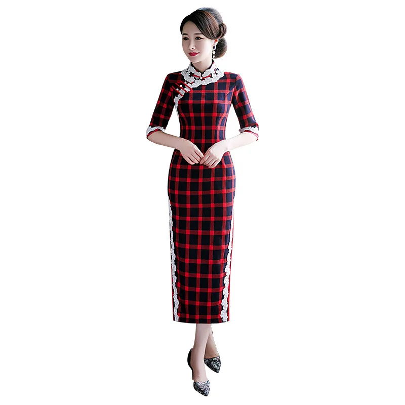 Элегантный китайский женский плед Qipao оверсайз 3XL-4XL благородный Cheongsam винтажный воротник Мандарин Vestidos классическое платье с коротким рукавом