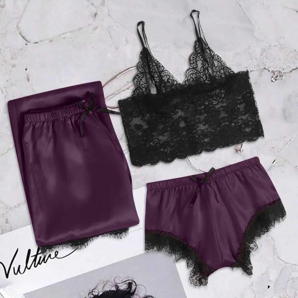 

Women Sexy Lace Nightwear Oversize Sleepwear 3PC Set Ladies Pajama Features Nightgown Roupa Para Dormir Camicia Notte 2019 NewYE