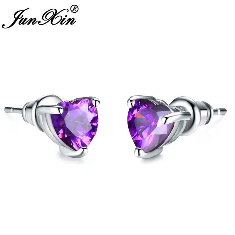 Girls Cute Heart Stud Earrings For Women White Gold Color Brilliant White Zircon Blue Purple Austrian Crystal Wedding Studs Cz
