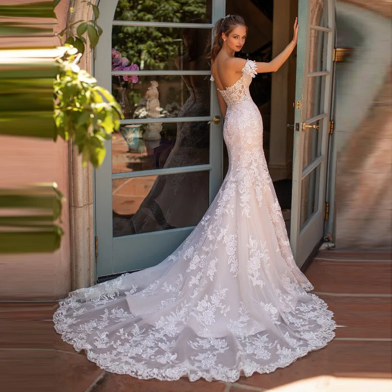 

Wholesale Elegant Mermaid Lace Off Shoulder Sleeve Bridal Wedding Gowns Sweetheart Wedding Dresses for Bride Back Out Appliqued