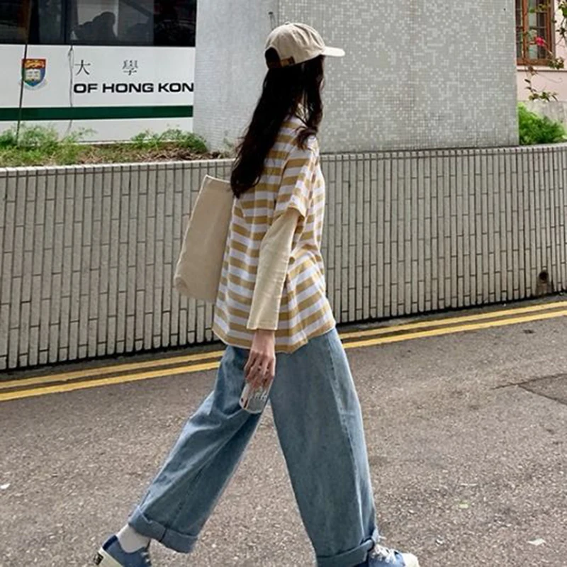 Высокая уличная стильная просторная легкая джинсы весна лето женские джинсовые брюки высокая талия широкие джинсы женские джинсовые брюки прямого покроя D306