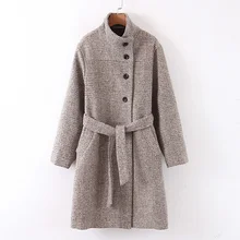 AGong, шерстяные пальто с воротником-стойкой, женские модные куртки до талии с поясом, элегантные однобортные женские пальто с карманами