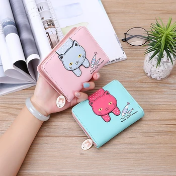 Portafogli da donna Cute Cat Catch Fish Portafoglio corto con cerniera Porta carte di credito in pelle Borsa per studenti Portamonete pieghevole per cartoni animati