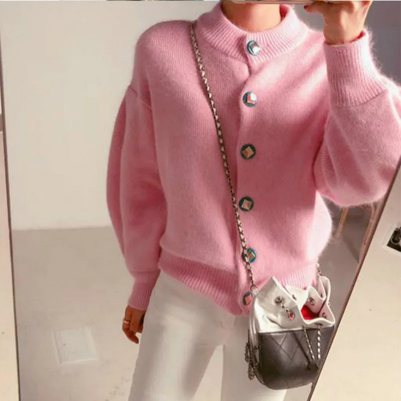 pink Neploe корейские рукава-фонарики вязаный женский кардиган с круглым вырезом однотонный толстый свитер пальто свободные тонкие короткие студенческие Pull Femme осень 46228 - Цвет: pink