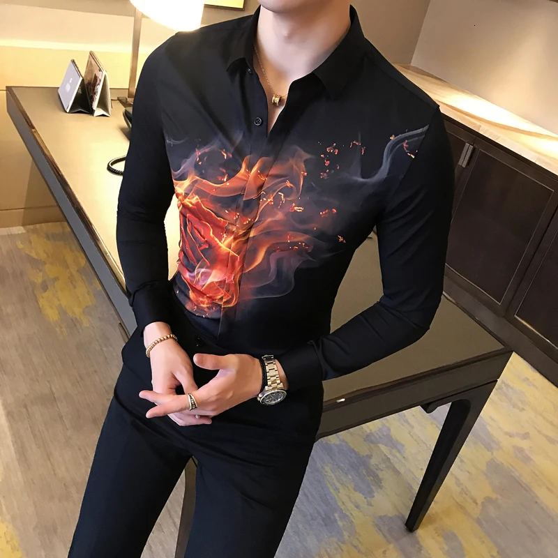Дизайнерские повседневные мужские рубашки Slim Fit уличная одежда с длинным рукавом Гавайская рубашка черное мужское платье Топы Camisa Social Masculina - Цвет: black