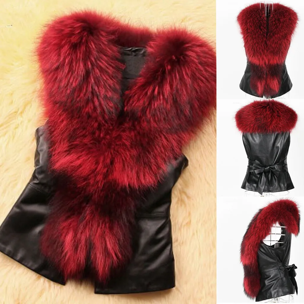 Women Fashion Slim Vest Coat Plus Size Solid Sleeveless Fur Neck Elegant Vest Coat Jacket Outerwear Coats For Women#118