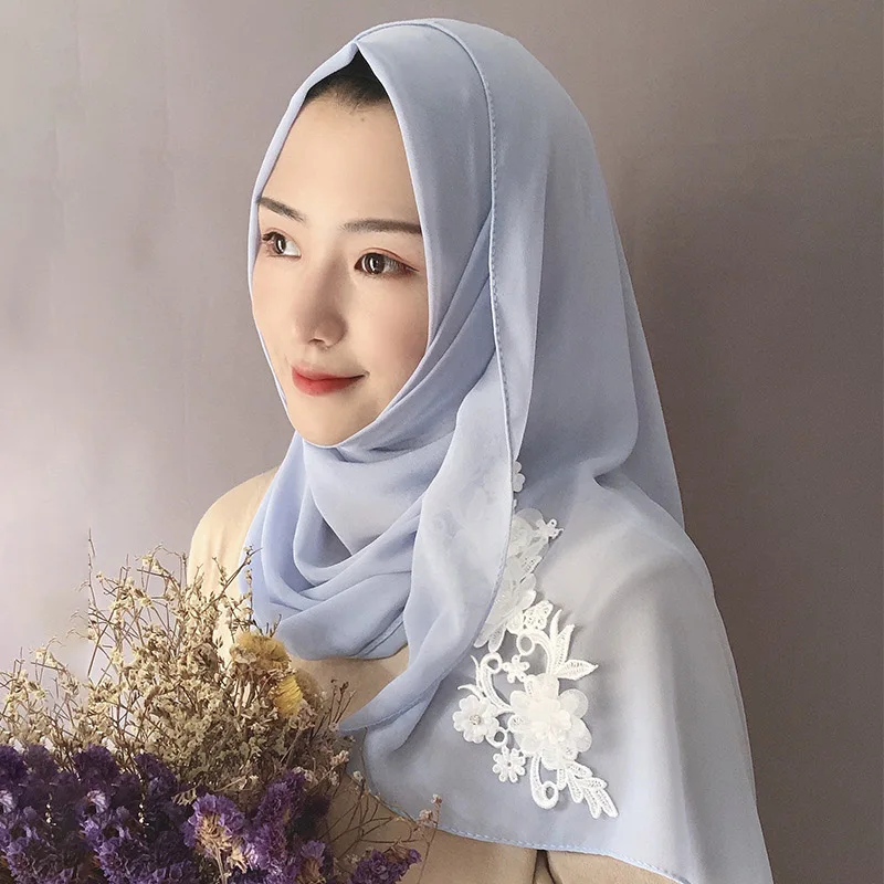 Мусульманский кружевной шарф ручной вязки женский простой шифон Шаль Обертывание цветок белый кружевной платок Мягкий Хлопок мусульманский шарф хиджаб