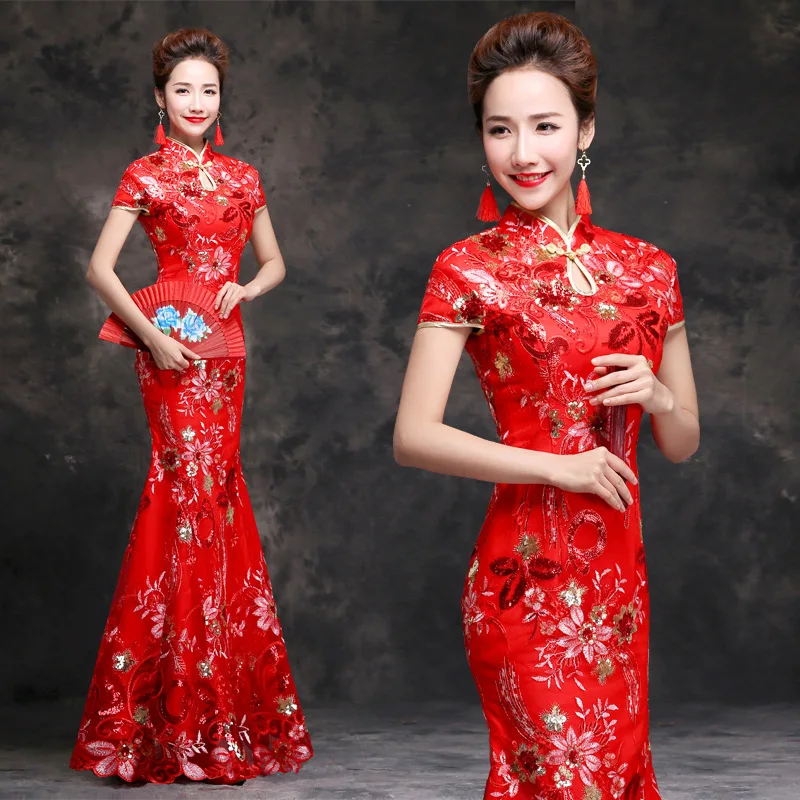 Элегантное женское длинное вечернее платье-Русалка Qipao, изысканное блестящее вечернее платье с цветами и блестками, платье для выпускного вечера