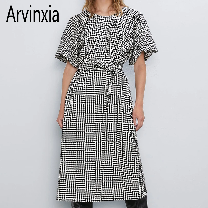 Arvinxia ZA, сексуальные однотонные клетчатые женские платья на шнуровке, новые женские платья с круглым вырезом, модные женские платья с коротким рукавом, женские платья с бантом