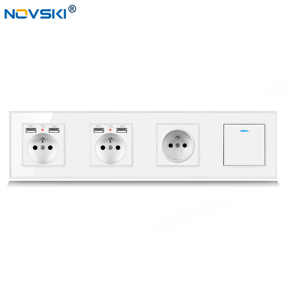 

344 EU Standard DIY Quadruple Frame Switch Socket, French Hybrid Outlet, 2.1A Dual USB Charging Outlet, German Bayer Base, White