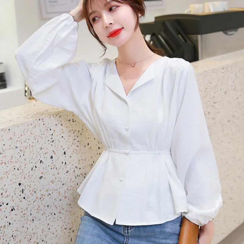 Новая мода blusas mujer de moda осенние дизайнерские женские рубашки однотонные повседневные женские блузки женские топы с v-образным вырезом размера плюс 6431 50