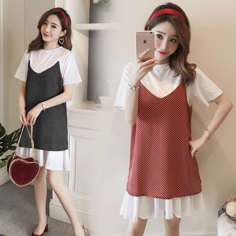 

Pregnant Women Summer Wear Dress 2018 New Style Fashion Chiffon Short Sleeve Summer Tops Loose-Fit Mid-length Skirt