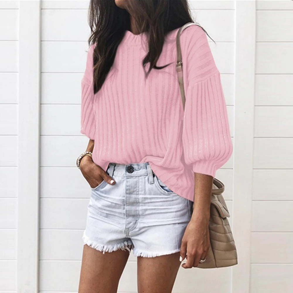 

Women O Neck Loose Knitted Sweaters 2019 New Solid Lantern Sleeve Pullover Female Tops Femme Autumn Winter Plus Size 5xl Blouses