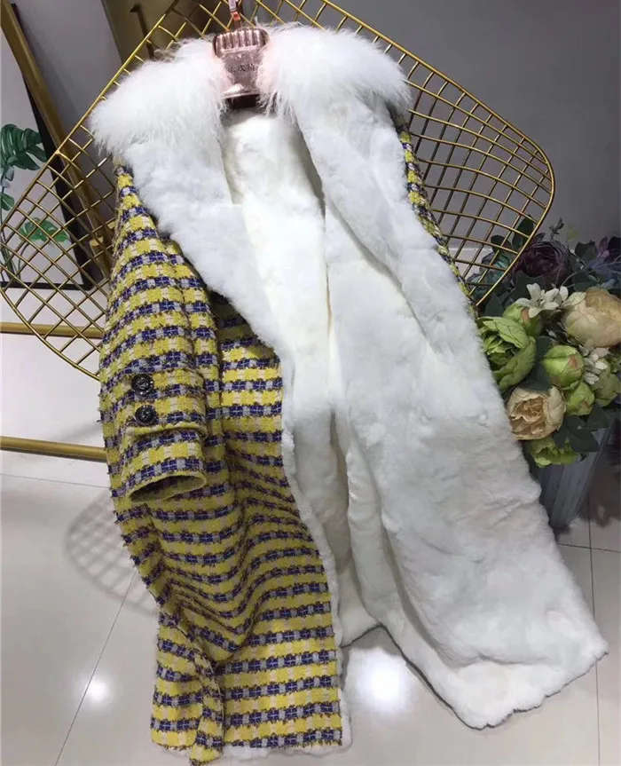 Новое Женское твидовое шерстяное пальто Настоящая подкладка из кроличьего меха Рекс Длинная зимняя куртка монгольский овечий мех воротник Роскошная парка пальто
