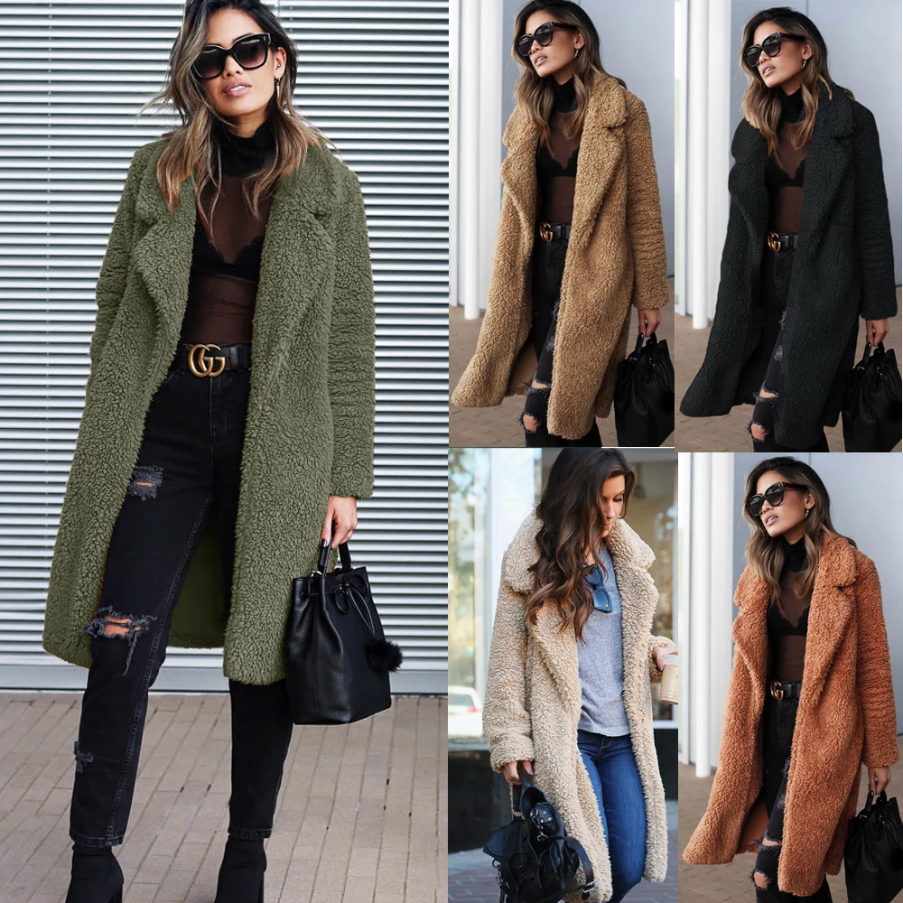Роскошная осенне-зимняя женская куртка, пальто из искусственного меха, Дамское длинное пальто с плюшевым мишкой, флисовая куртка, пальто с отворотом, толстое теплое, плюс размер