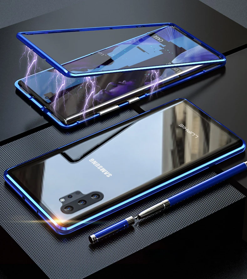 Роскошный Алюминиевый металлический бампер Магнитный чехол для samsung Galaxy Note 10 Plus S10 Plus s10e Note10 Магнитный чехол стеклянная крышка Coque - Цвет: Blue