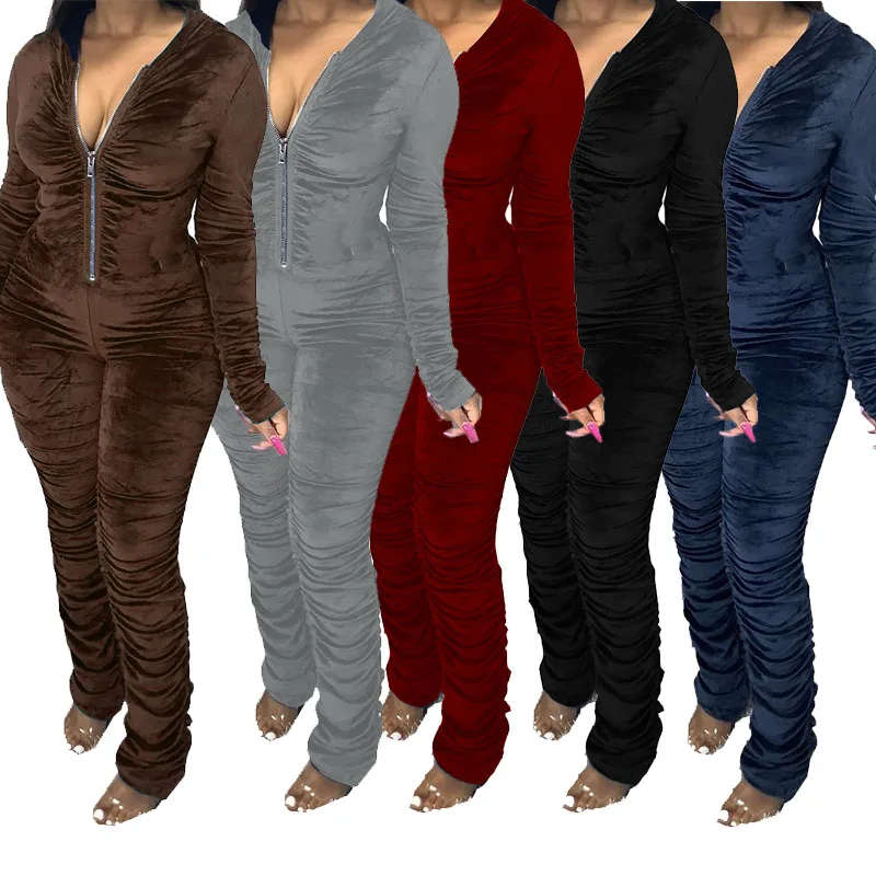 

Solid Color Zipper Stacked Sweartpants Women Jumpsuits Round Neck Long Sleeve Jogger Slim Rompers Autumn Winter Casual Clothes
