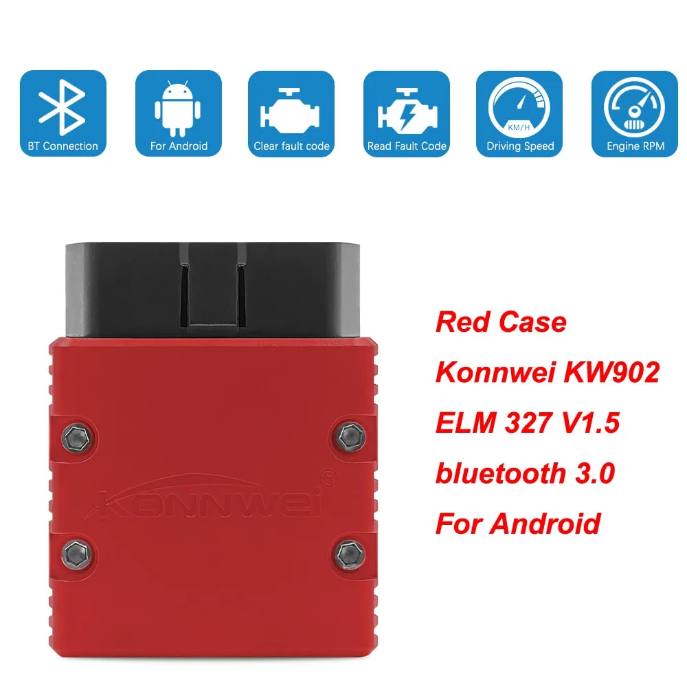 Konnwei KW902 ELM327 V1.5 OBD2 Bluetooth сканер ELM 327 V1.5 OBD 2 OBD2 автомобильный диагностический инструмент ODB2 считыватель кодов для Android - Цвет: Red BT3.0