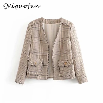 

Miguofan Women Blazers Tassel jackets coats Plaid blazers Jacket Elegant V-neck Office Ladies Tweed Vintage Pockets Outwear Suit