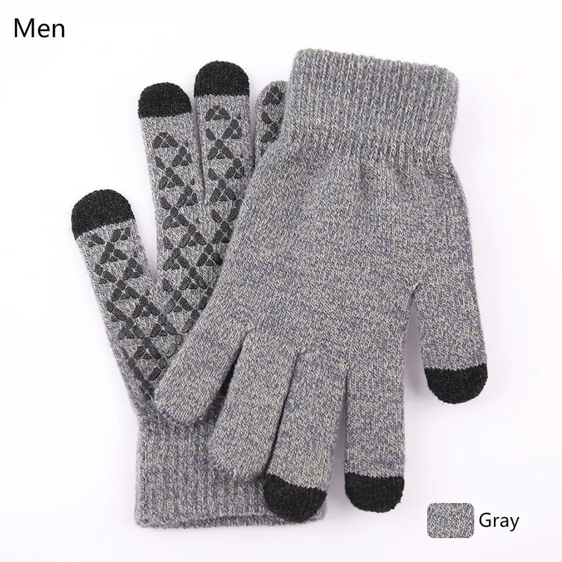 Men Gray Зимние перчатки для сенсорного экрана женские мужские теплые тянущиеся вязаные варежки полный палец Guantes женские Luvas Утепленные перчатки дл пар G019 - Цвет: Men Gray