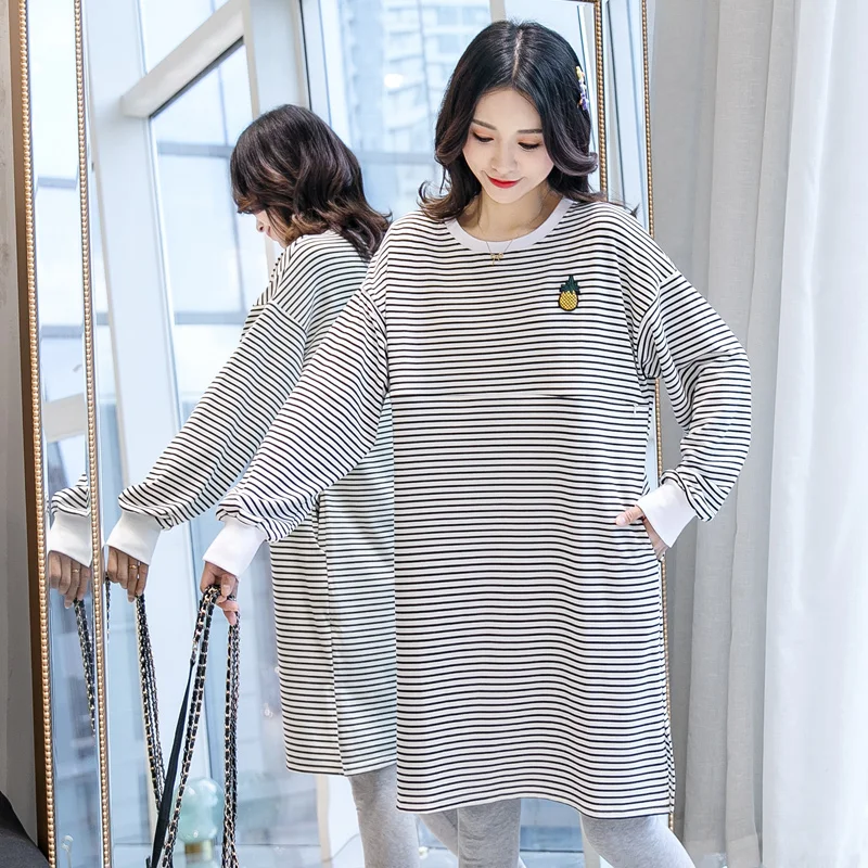 

9576# Striped Cotton Large Size Loose Maternity Nursing Dress Autumn Fall Casual Feeding Clothes for Pregnant Women Pregnancy