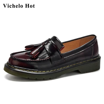 

Vichelo Hot high quality full grain leather round toe med heel tassel preppy style young lady deep mouth slip on women pumps L81