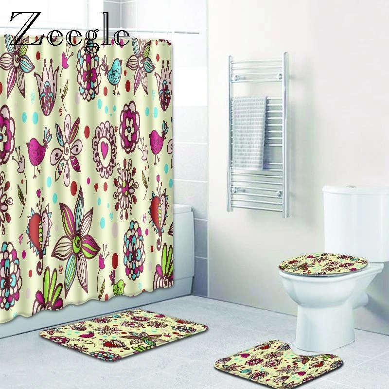 Zeegle 4pcs Bath Mat Set Waterproof Curtain Non Slip Bathroom Toilet Pedestal Rug Foot Mat Bathroom Doormat Absorbent Toilet Set