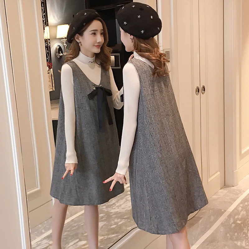 6596# 2PCS/Set Autumn Korean Fashion Maternity Dress Sweet Lovely Straight Loose Clothes for Pregnant Women Fall Pregnancy