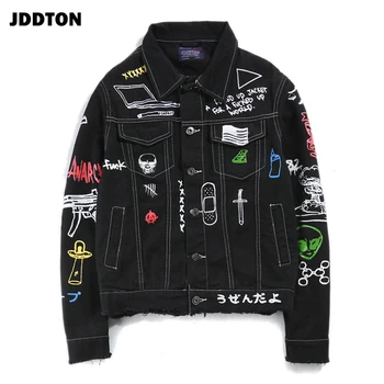 

JDDTON Men's Autumn Personality Graffiti Jeans Jackets Casual Hip Hop Fashion Vintage Denim Overcoats Streetwear Outerwear JE317