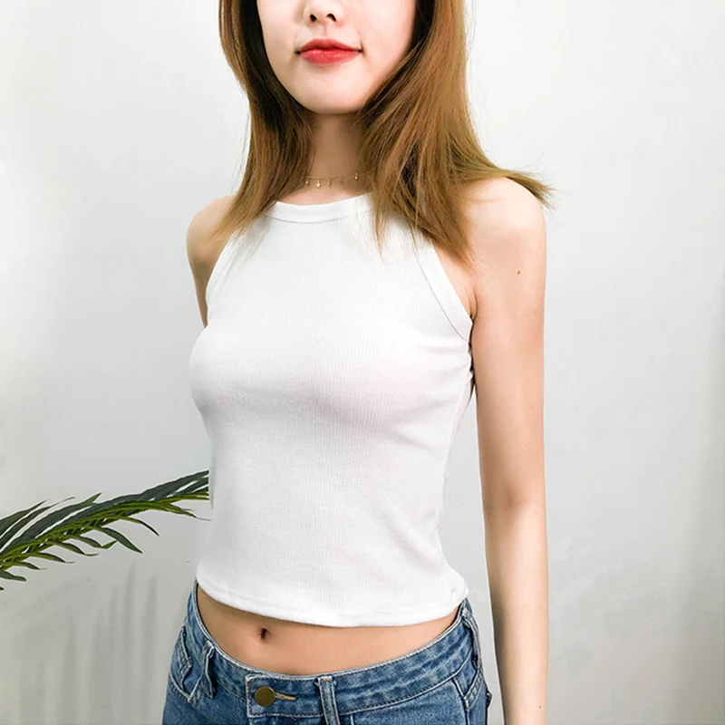 

Women white tops Halter Croptop Sexy Fashion Sleeveless Solid Basic style Elastic Party Camisole Summer Casual Tank Crop Tops
