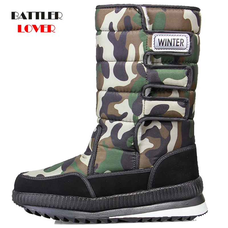 Platform Men Real Wool Snow Boots Waterproof Mens Mid calf Boots Platform Thick Wool Warm Shoes Winter Camouflage Big Size 36-47