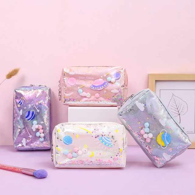 Large Marble Pencil Case Laser Leather Pen Box Big Makeup Bag For Girls  Gift PU Office