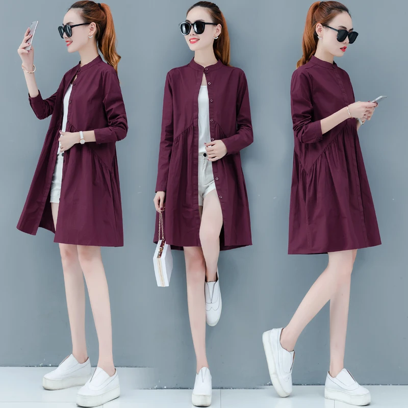 New Autumn Women Long Trench Coat Loose Full Sleeve Is Pure Cotton Coats Purple Dark Green Light Coffee Color 2119