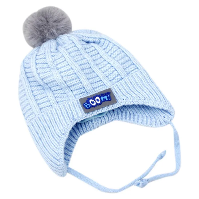 Autumn Winter Baby Boy Girl Hat with Pom Pom Cartoon Lace-up Children Kids Baby Bonnet Knitt Cap for 1-3 Years 5 Colors - Color: Blue
