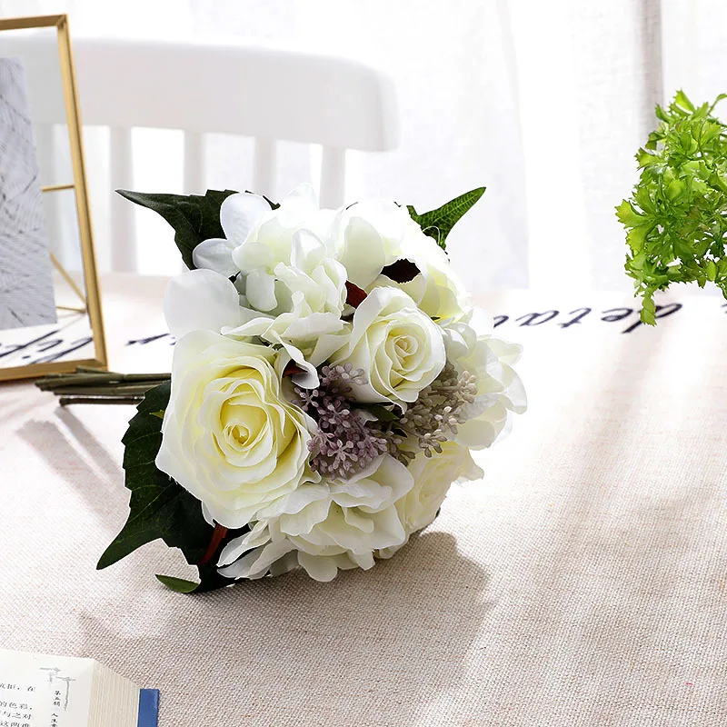 YO CHO Wedding Flowers Aritificial Roese Birdal Bouquet Artifical Silk Hydrangea Flowers for Home Party Decor