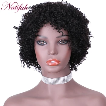

Natifah 6inch Afro Curly Short Wigs Black Color Synthetic Hair Short Lace Wigs with Pre Plucked for Woman