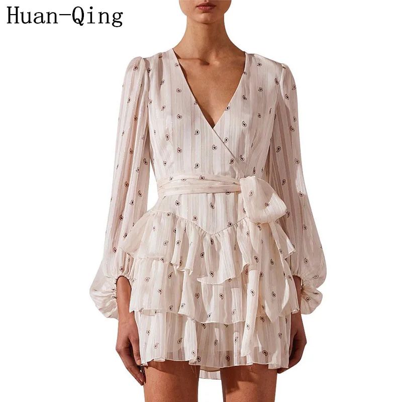 

2019 Autumn Women Vintage Print Lace-up Ruffles Layered Dress Runway Sexy V-Neck Long Sleeve Elegant Party Mini Dress Vestidos