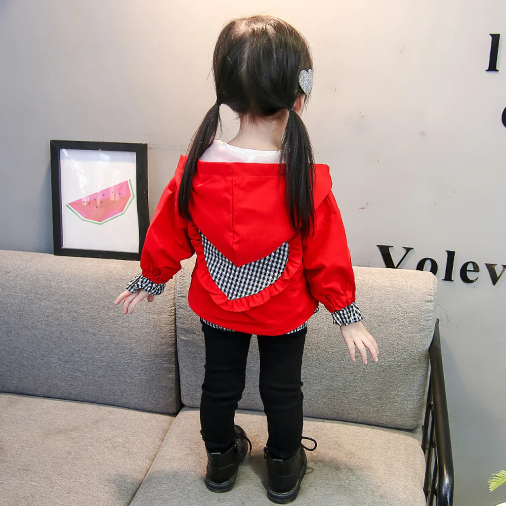 Toddler Baby Outerwear Kids Girls Heart Plaid Hooded Windproof Coat Outwear Casual Clothes Zipper Coats Tops Clothes#1019