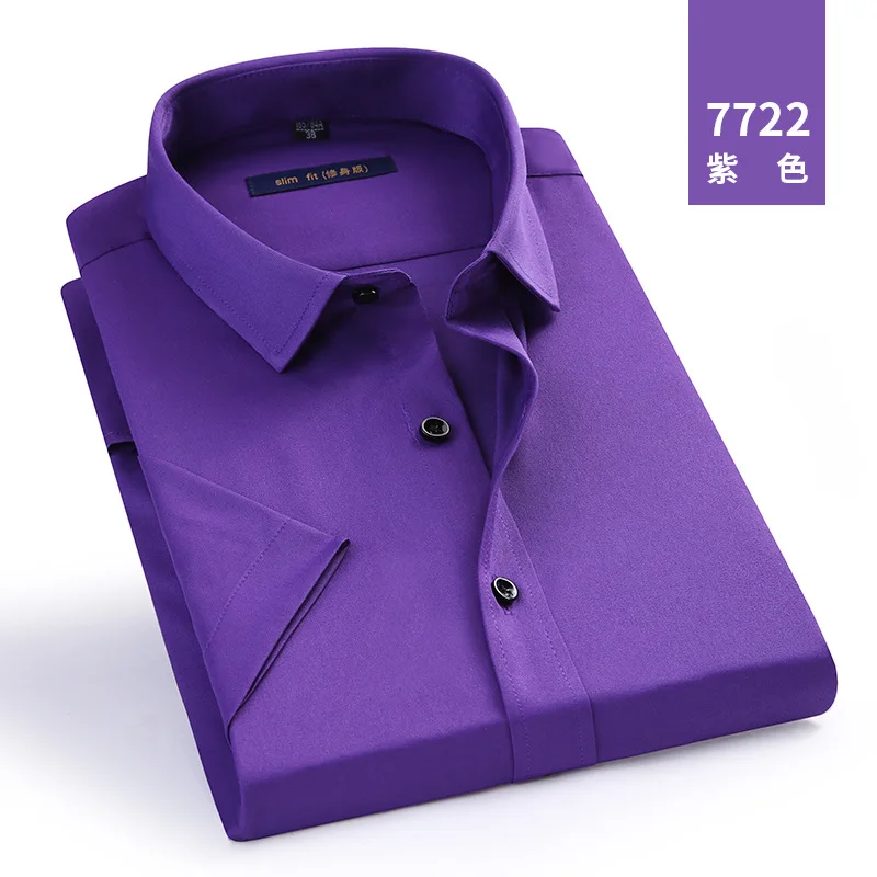 Short 7722 Violet Осенние мужские рубашки masculino Hombre модная однотонная эластичная рабочая одежда тонкая мужская одежда умная Повседневная без глажки различных цветов 4XL - Цвет: Short 7722 Violet