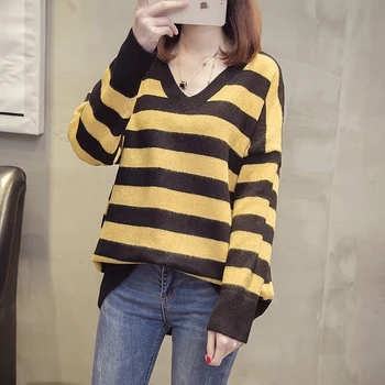 

4xl striped loose v-neck plus size ladies oversize sweater women autumn winter tops clothes 2019 pullover knitwear female A5803