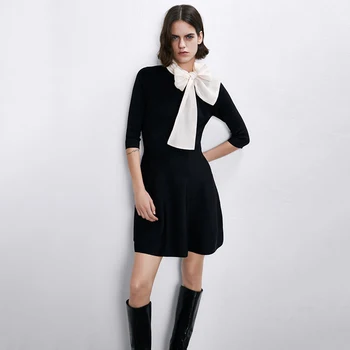 

2019 ZA Autumn New Women Dress Fashion Wild Bow Tie Long Sleeve Loose Casual Black Stitching Dress Holiday Party Dress Hot Sale